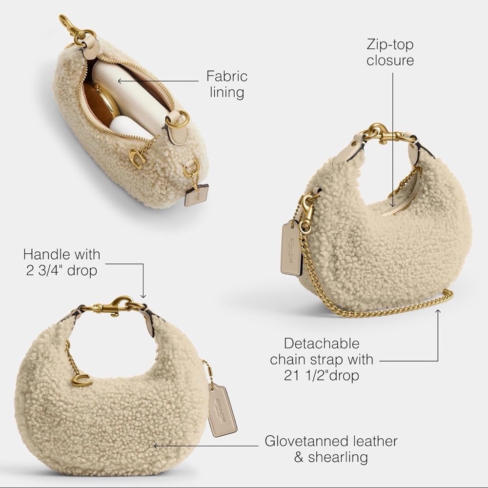 Coach Joni Bag in Shearling & Glovetanned Leather Brass/Beige NWT - Picture 12 of 16